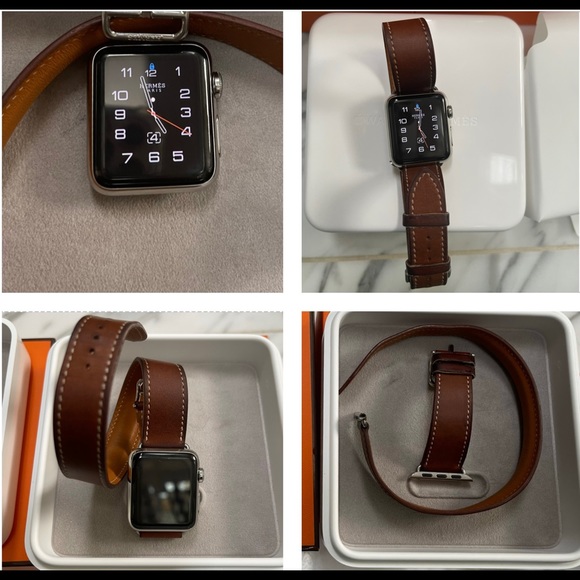 HERMES APPLE WATCH , WITH 38mm FAUVE BERENIA HANDMADE LEATHER DOUBLE TOUR BAND - Picture 8 of 16